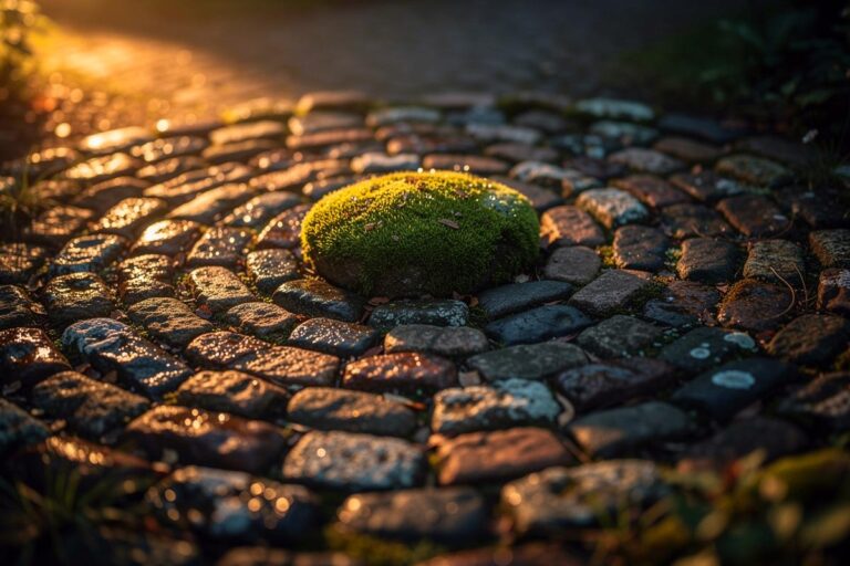 Illustration von runden Pflastersteinen, die ein geheimnisvolles Spiralmuster auf einem historischen Gartenweg bilden.