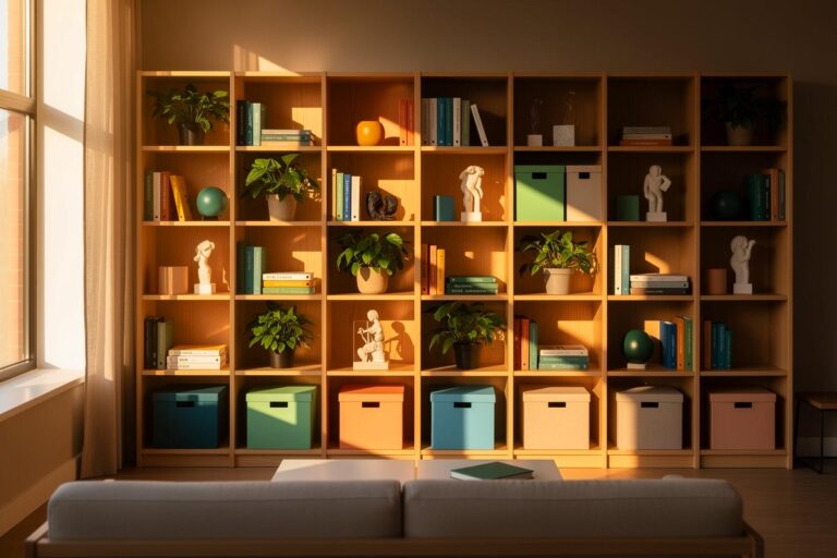 Illustration von einer wandfüllenden, modularen Regalanlage aus IKEA-Systemen, die nach dem Grid-Prinzip geordnet ist und einen aufgeräumten, harmonischen Wohnraum zeigt.