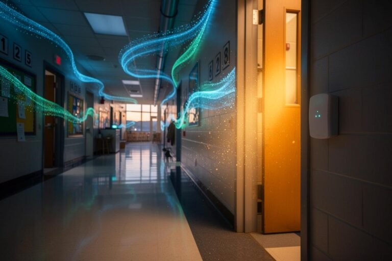 Illustration von einem Schulflur mit unsichtbaren Datenströmen und Sensoren, die Luftqualität, geöffnete Fenster und Geräte über ein LoRaWAN-Netzwerk erfassen.