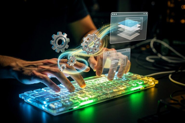 Illustration von einer Hand, die auf einer Tastatur schwebt und dabei Lichtspuren hinterlässt, die als Symbole für versteckte Computerfunktionen wie Zahnräder, Browser-Icons und virtuelle Desktops dargestellt sind.