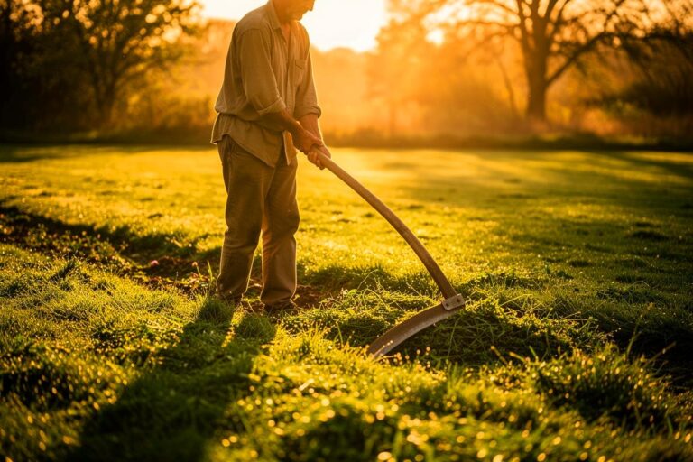 Illustration von einer Person, die mit einer Sense auf ruhige und achtsame Weise einen Rasen mäht, umgeben von einer natürlichen, friedlichen Gartenszene.