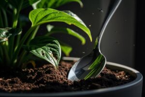 Illustration von einem silbernen Löffel, der in der Erde eines üppig grünen Blumentopfs steckt, umgeben von reflektierenden Lichtpunkten und kleinen, abgeschreckt fliegenden Trauermücken.