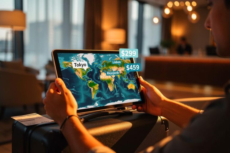 Illustration von einer Person, die auf einem Tablet ein Hotelzimmer bucht, während eine Weltkugel mit hervorgehobenen Überraschungszielen und Preisschildern im Hintergrund zu sehen ist.