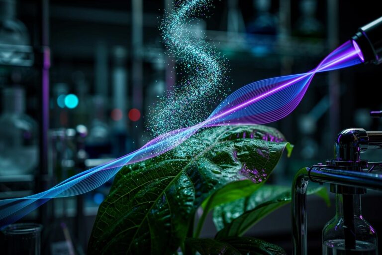 Illustration von Pflanzen in einem Labor, die feinen Schallwellen ausgesetzt sind, während Sensoren ihre physiologischen Reaktionen messen.