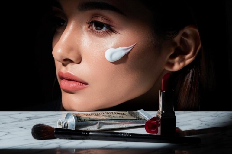 Illustration von einer Zahnpastatube, aus der Make-up-Utensilien wie ein Pinsel, ein Lippenstift und ein Primer herausquellen, vor einem schillernden Bühnenvorhang.